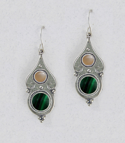 Sterling Silver Gothic Look With Malachite And Peach Moonstone Gemstone Drop Dangle Earrings